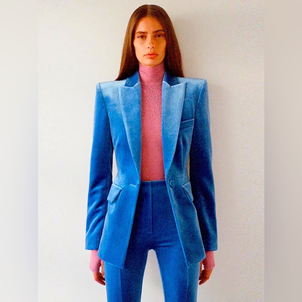 Electric Blue Velvet Blazer Pant Suit Set